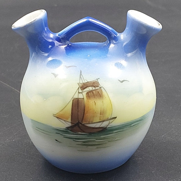 IE & Co Japan - Hand-painted Sailing Ship - Double-spouted Round Vase - ANTIQUE