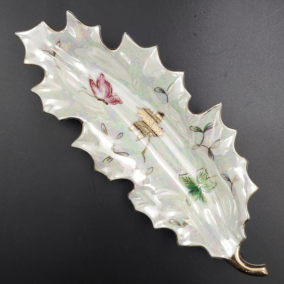 Unmarked - Butterfly and Leaves on Pearl Lustre - Leaf-shaped Dish