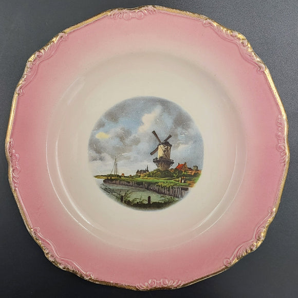 Crown Lynn - Windmill - Display Plate with Pink Rim