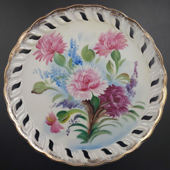 Ucagco - Pink Hand-painted Flowers - Display Plate with Pierced Rim
