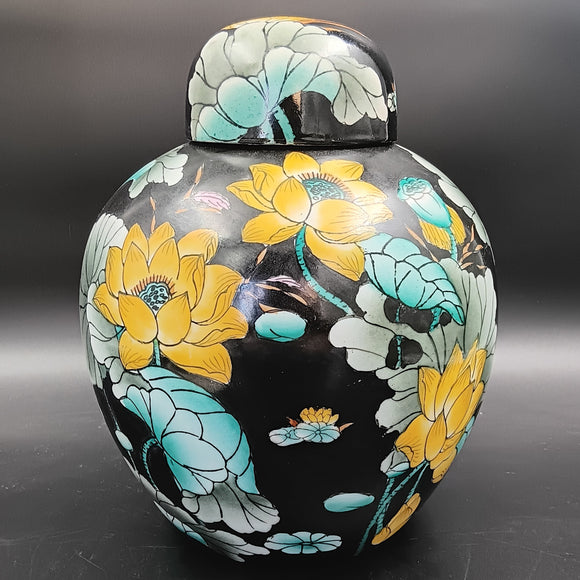 Chinese Maker - Hand-painted Yellow and Grey Flowers - Large Lidded Ginger Jar