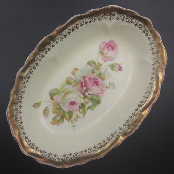 Unmarked - Pink and White Roses - Oval Bowl