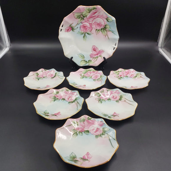 Japanese-made - Hand-painted Pink Roses - 7-piece Dessert Plate Set