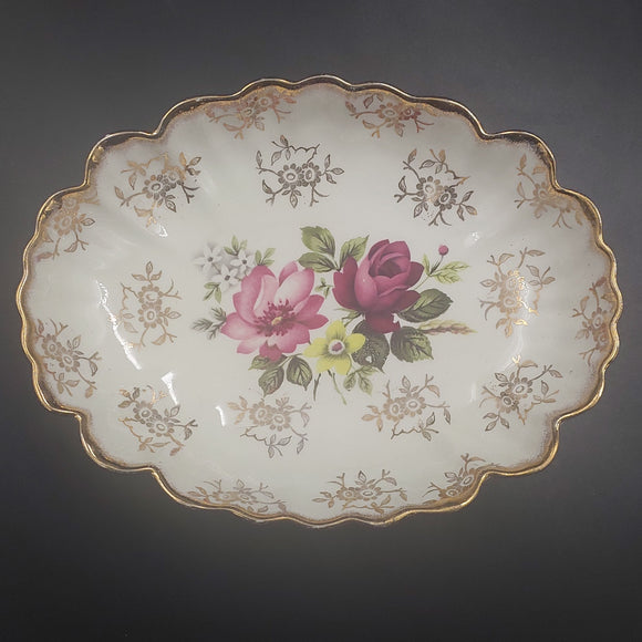 James Kent - Pink, Yellow and Red Roses with Gold Filigree - Oval Dish