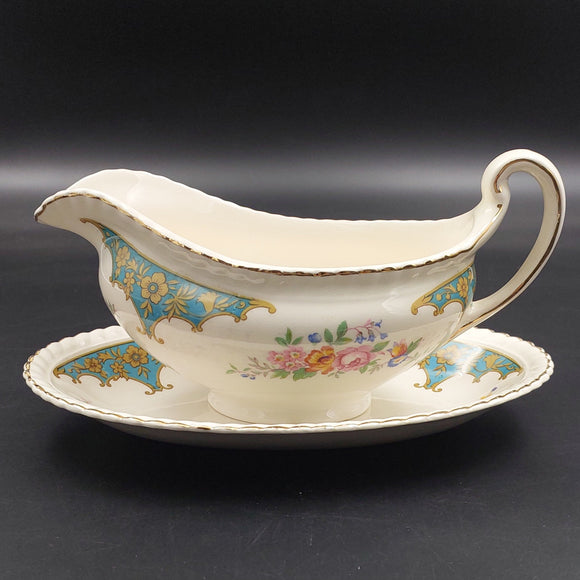 Johnson Brothers - Floral Sprays and Teal Shields - Gravy Boat and Underplate