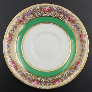 Aynsley - Pink and Purple Flowers on Webbed Gold with Inner Green Band, B170 - Saucer