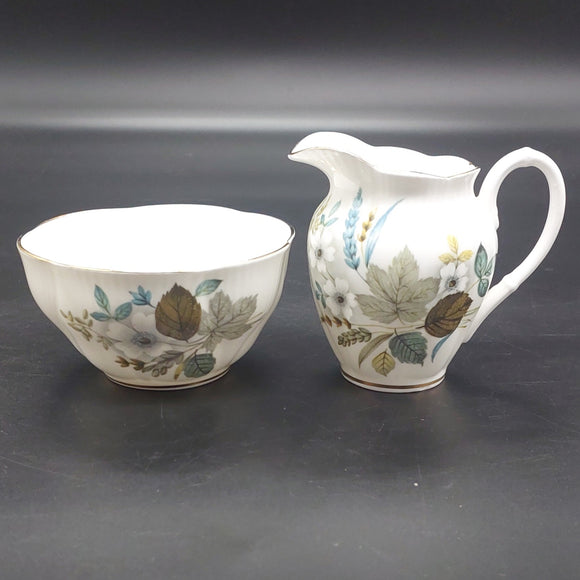 Royal Albert - White Flowers, Grey and Blue Leaves - Milk Jug and Sugar Bowl