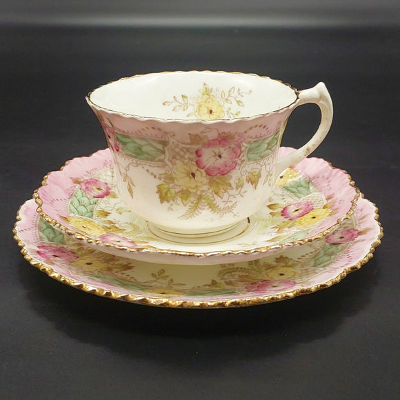 Unmarked - Yellow and Pink Flowers, Pink Rim - Trio