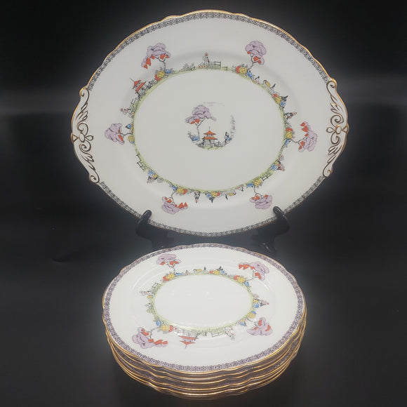 Paragon - Chinese Garden, Purple Band - Oval Cake Plate Set