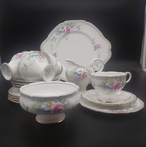 Paragon - White, Blue and Pink Flowers, X3045 - 18-piece Tea Set