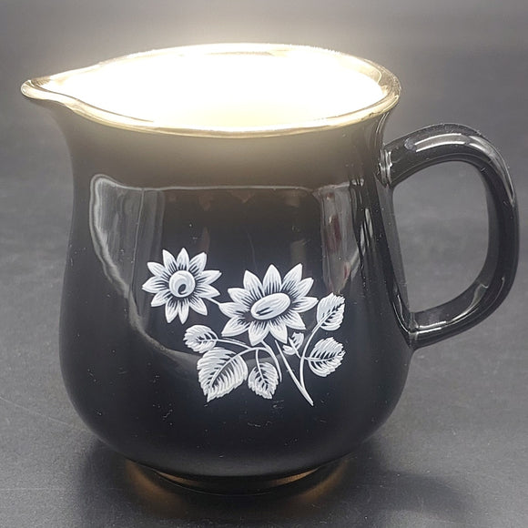 Prinknash Abbey Pottery - White Flowers on Black - Small Jug