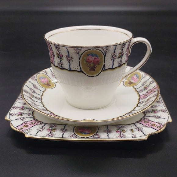 Aynsley - Pink, Black and Gold Border with Floral Basket - Trio