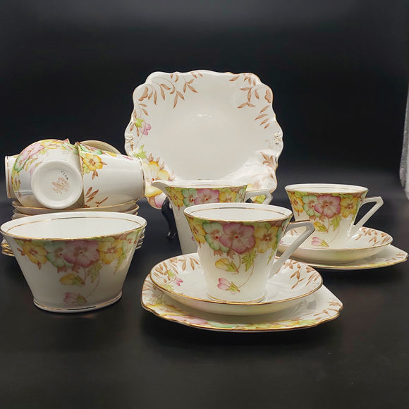 Bell China - Yellow, Green, and Pink Flowers - 21-piece Tea Set