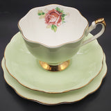 Queen Anne - Green with Pink Rose on Inside of Cup - Trio