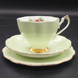 Queen Anne - Green with Pink Rose on Inside of Cup - Trio