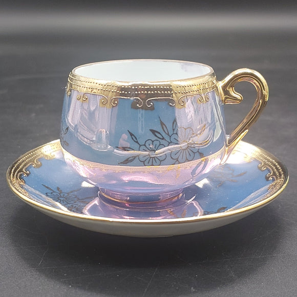 Unknown Maker - Blue Lustre, Heavy Gold Rim - Demitasse Duo