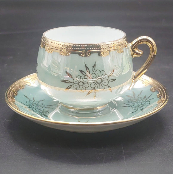 Unknown Maker - Green Lustre, Heavy Gold Rim - Demitasse Duo