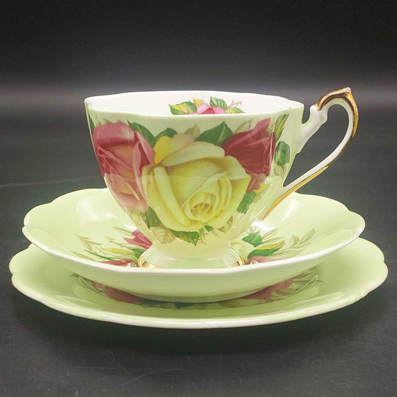 Queen Anne - Pink, Yellow and Maroon Roses on Green - Trio