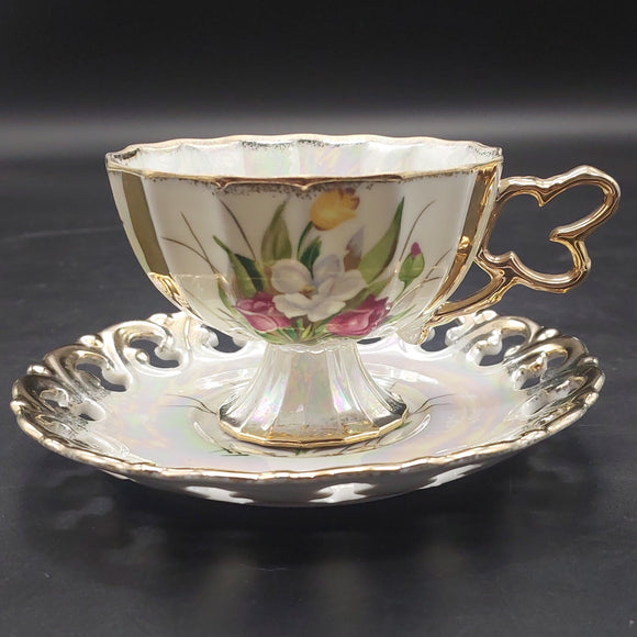 Unknown Maker - Tulips on Pearl Lustre - Duo with Pierced Rim Saucer