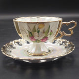 Unknown Maker - Tulips on Pearl Lustre - Duo with Pierced Rim Saucer