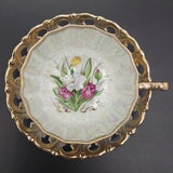 Unknown Maker - Tulips on Pearl Lustre - Duo with Pierced Rim Saucer