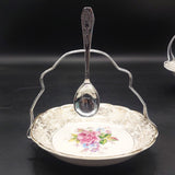 Mayell - Pink Rose and Filigree - Small Serving Bowl with Silver Handle and Spoon