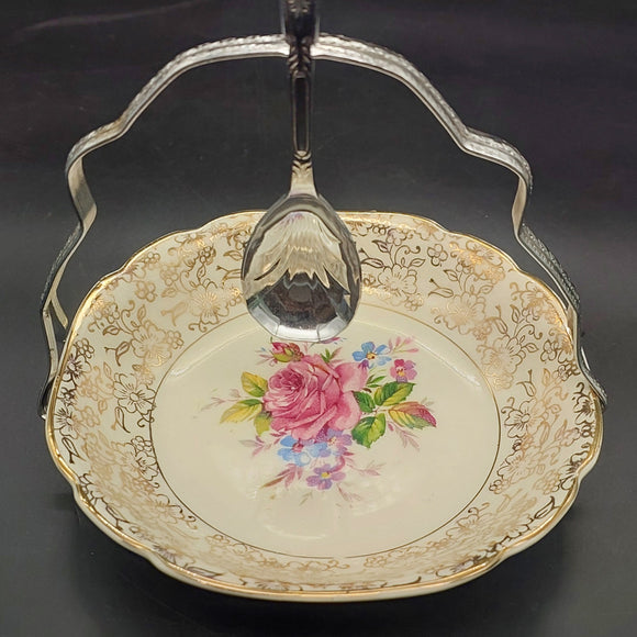 Mayell - Pink Rose and Filigree - Small Serving Bowl with Silver Handle and Spoon