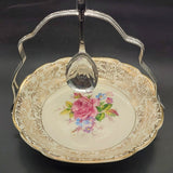 Mayell - Pink Rose and Filigree - Small Serving Bowl with Silver Handle and Spoon