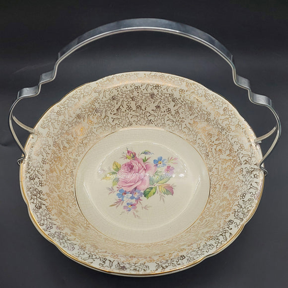 Mayell - Pink Rose and Filigree - Large Serving Bowl with Silver Handle