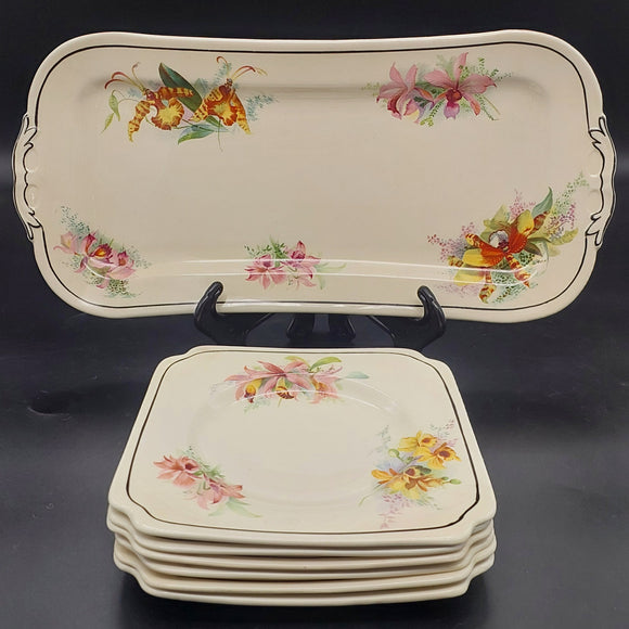 Royal Doulton - Orchids - Sandwich Tray and 6 Plates