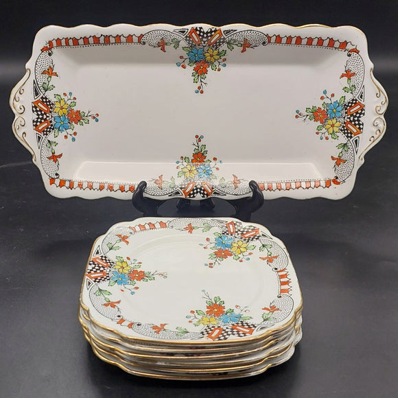 Royal Albert - Colourful Flowers, Black and Red Border -Sandwich Tray and Plates