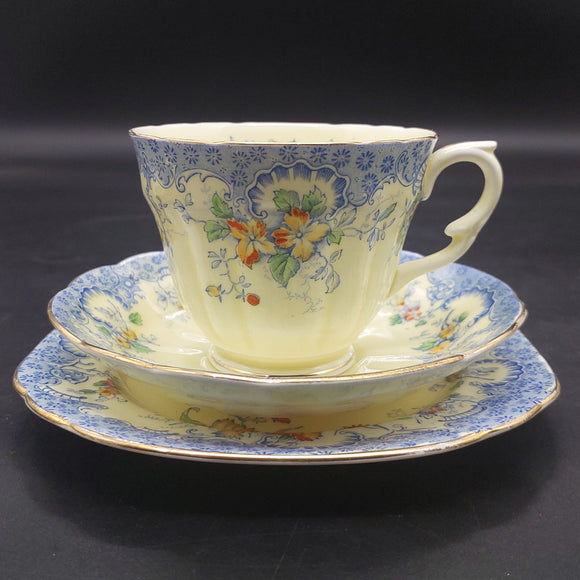 Crown Staffordshire - Red and Orange Flowers, Blue Rim - Trio