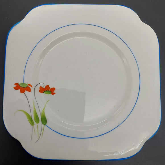 English-made - Hand-painted Orange Flowers, Blue Rim - Side Plate