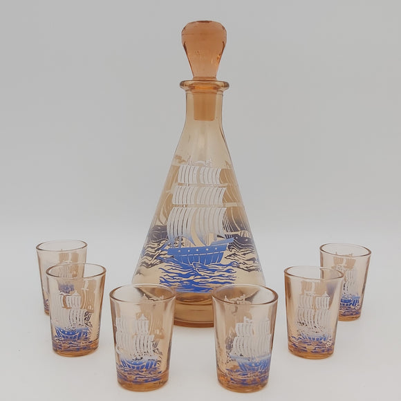 Amber Glass - Sailing Ships - Small Decanter with 6 Glasses - VINTAGE