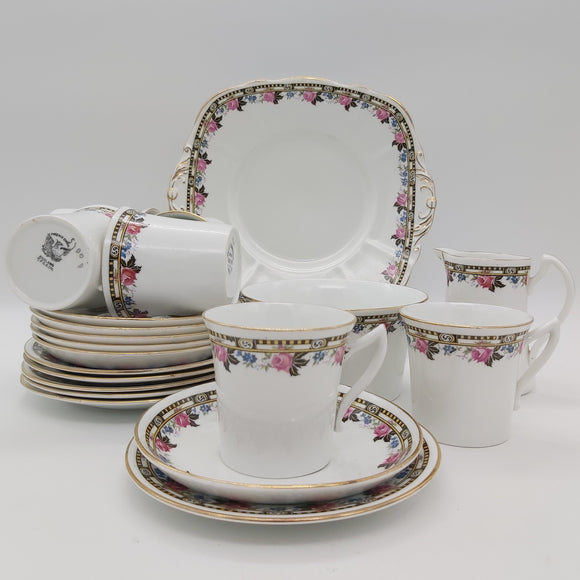 Phoenix China - Black and Yellow Border with Roses - 21-piece Tea Set