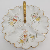 Antique Tri-Dish with Gold Handle and Hand-painted Flowers