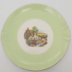 Crown Lynn - Thatched Cottage - Cake Plate with Green Rim