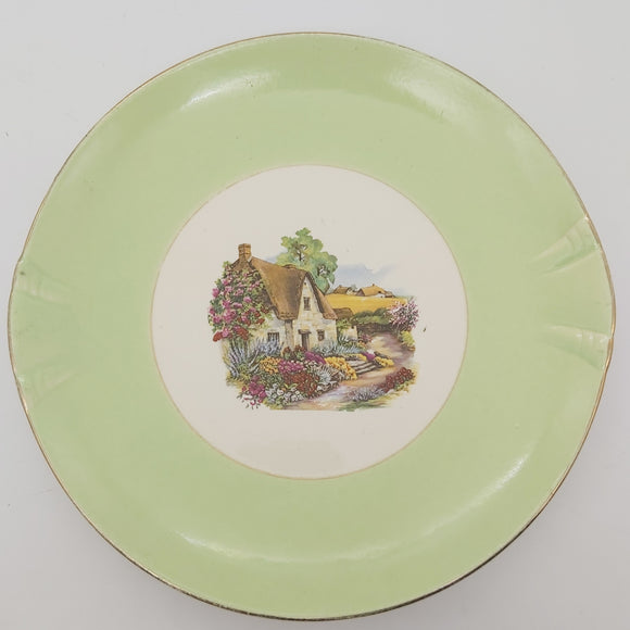 Crown Lynn - Thatched Cottage - Cake Plate with Green Rim