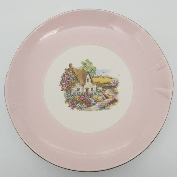 Crown Lynn - Thatched Cottage - Cake Plate with Pink Rim