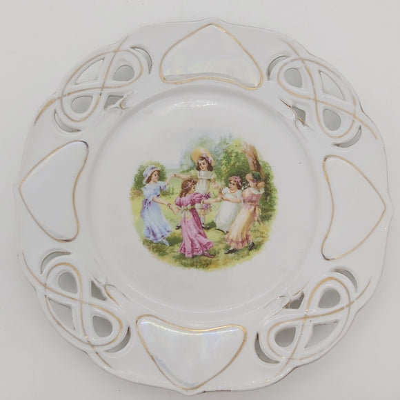Unmarked Vintage - Ring a Ring of Rosies - Pearl Lustre Plate with Pierced Rim