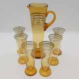 Vintage - Amber Glass with Silver Bands - Tall Slim Jug and 6 Glasses