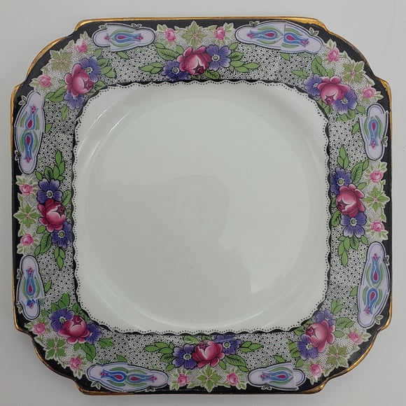 Aynsley - AH654 Pink and Purple Flowers with Black Border - Side Plate