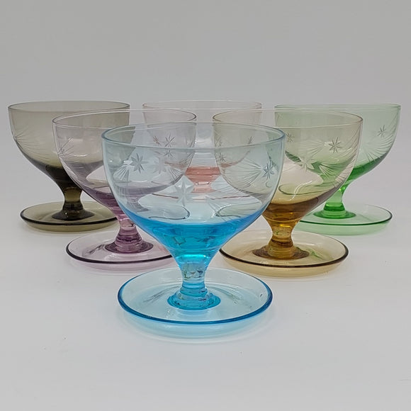 Vintage - Etched Stars - Set of 6 Coloured Parfait Glasses