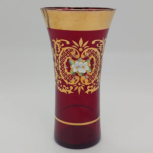 Vintage - Red with Gold Pattern and Attached White Flowers - Glass Vase