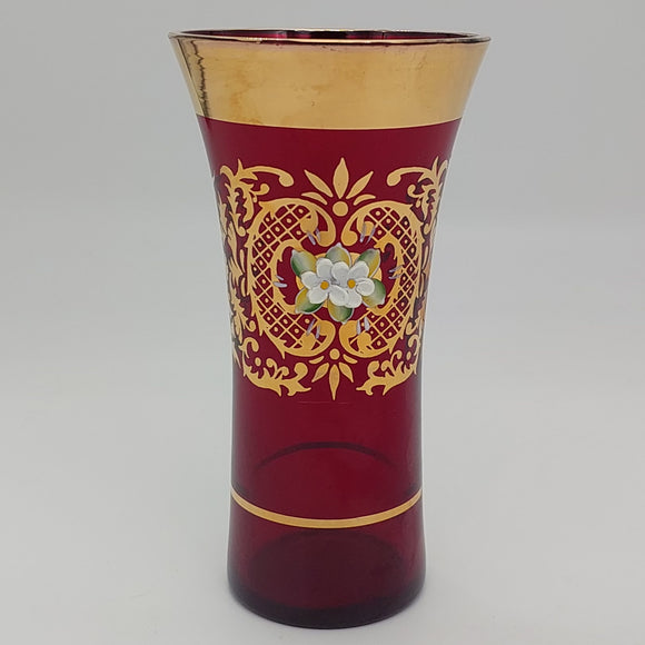 Vintage - Red with Gold Pattern and Attached White Flowers - Glass Vase