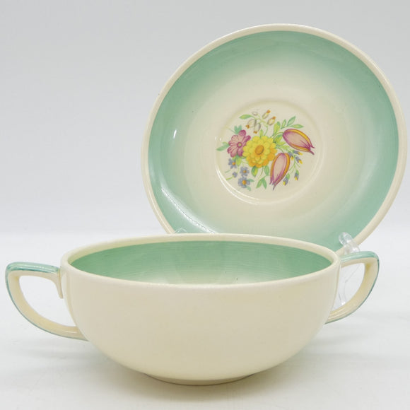 Susie Cooper - Swansea Spray - Double-handled Soup Bowl and Saucer
