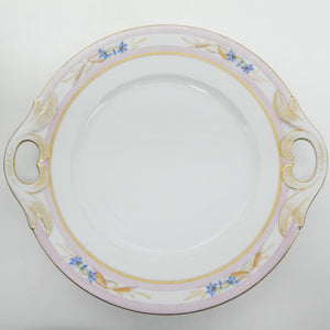 Unmarked Vintage - 3718 Pink Bands with Hand-painted Blue Flowers - Tab-handled Cake Plate