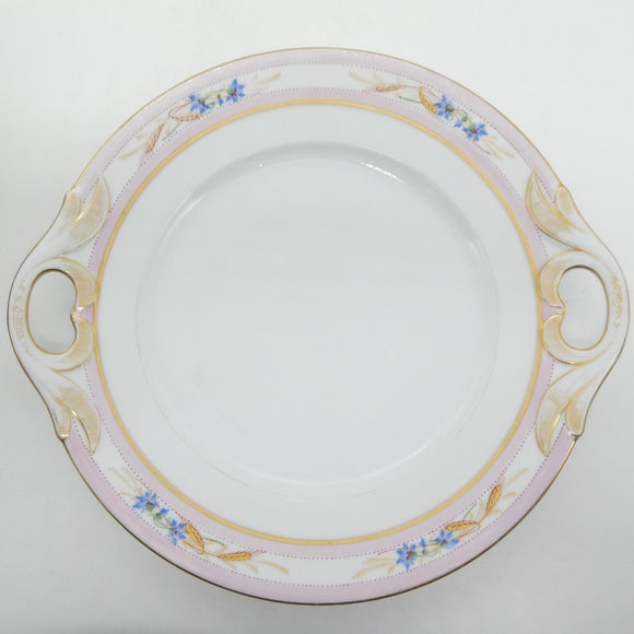 Unmarked Vintage - 3718 Pink Bands with Hand-painted Blue Flowers - Tab-handled Cake Plate