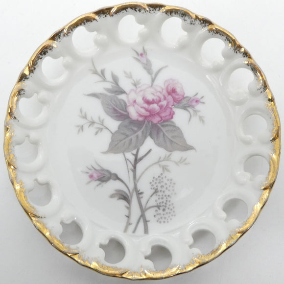Unmarked - Pink Roses with Reticulated Rim - Trinket Dish
