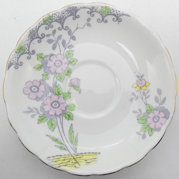 Colclough - Pink Flowers with Grey Spotted Border - Saucer